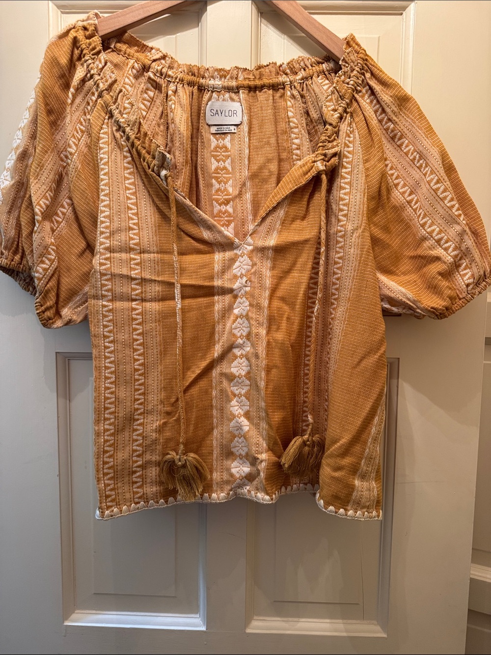 SAYLOR Mustard Boho Embroidered Peasant Top